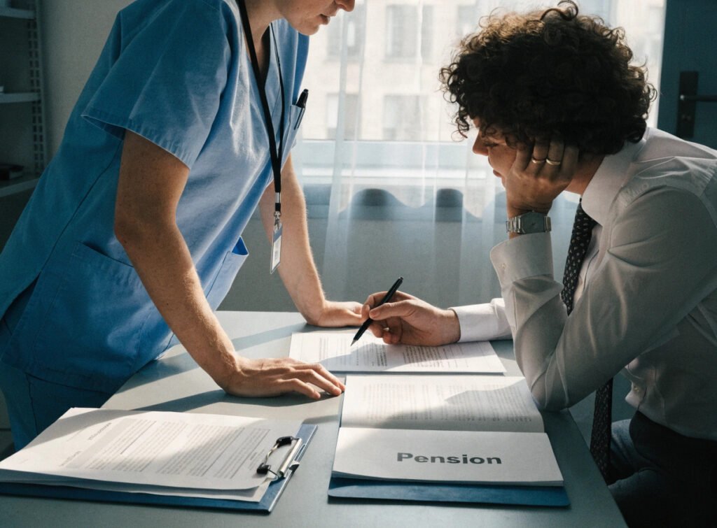 a gp and practice manager reviewing nhs pension paperwork together