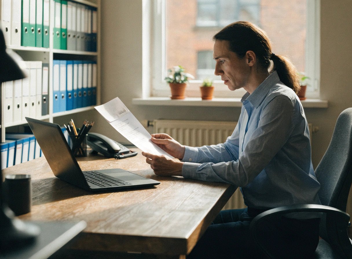 a gp practice manager reviewing an official contract notice at their desk