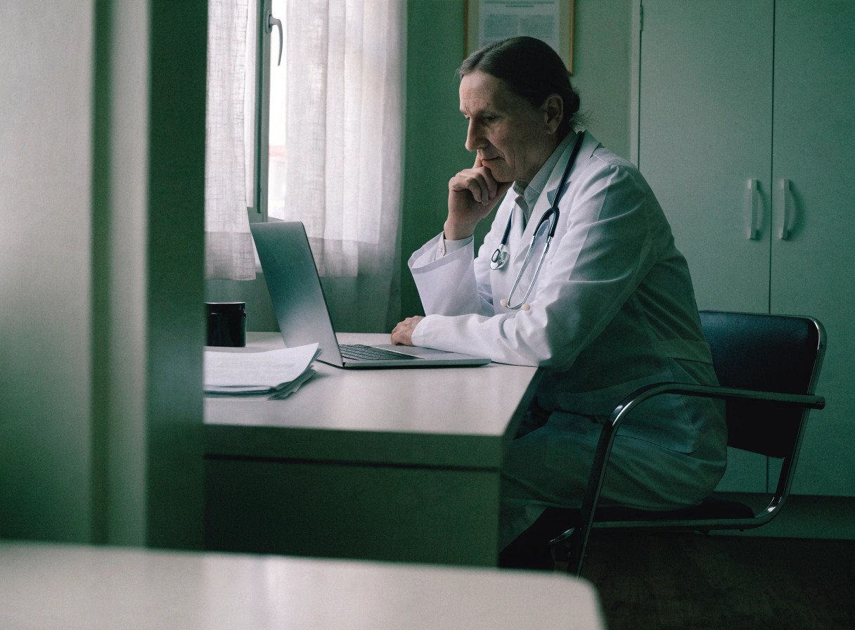a gp working at a desk in a consultation room