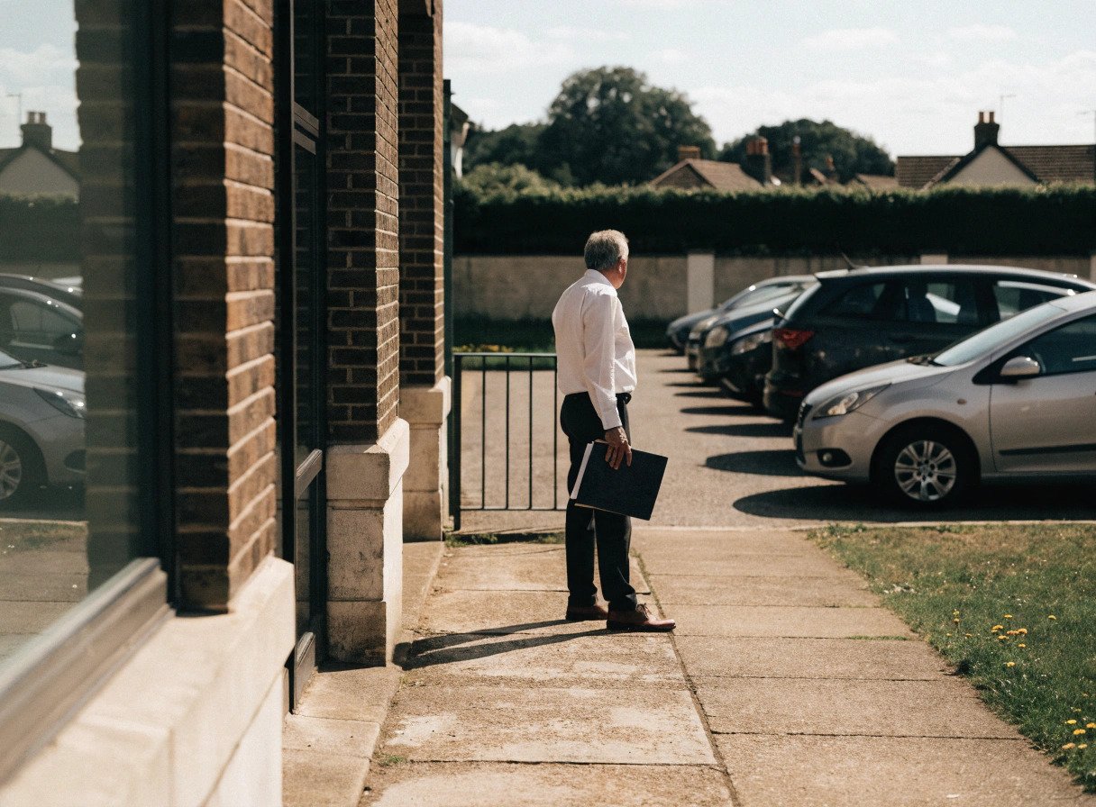 a retiring gp partner outside a surgery building considering options for their share in the premises