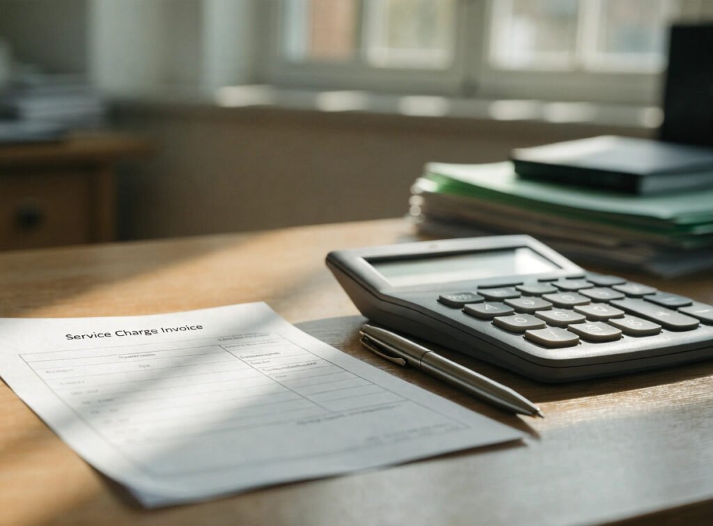 a service charge invoice and calculator on a gp practice managers desk