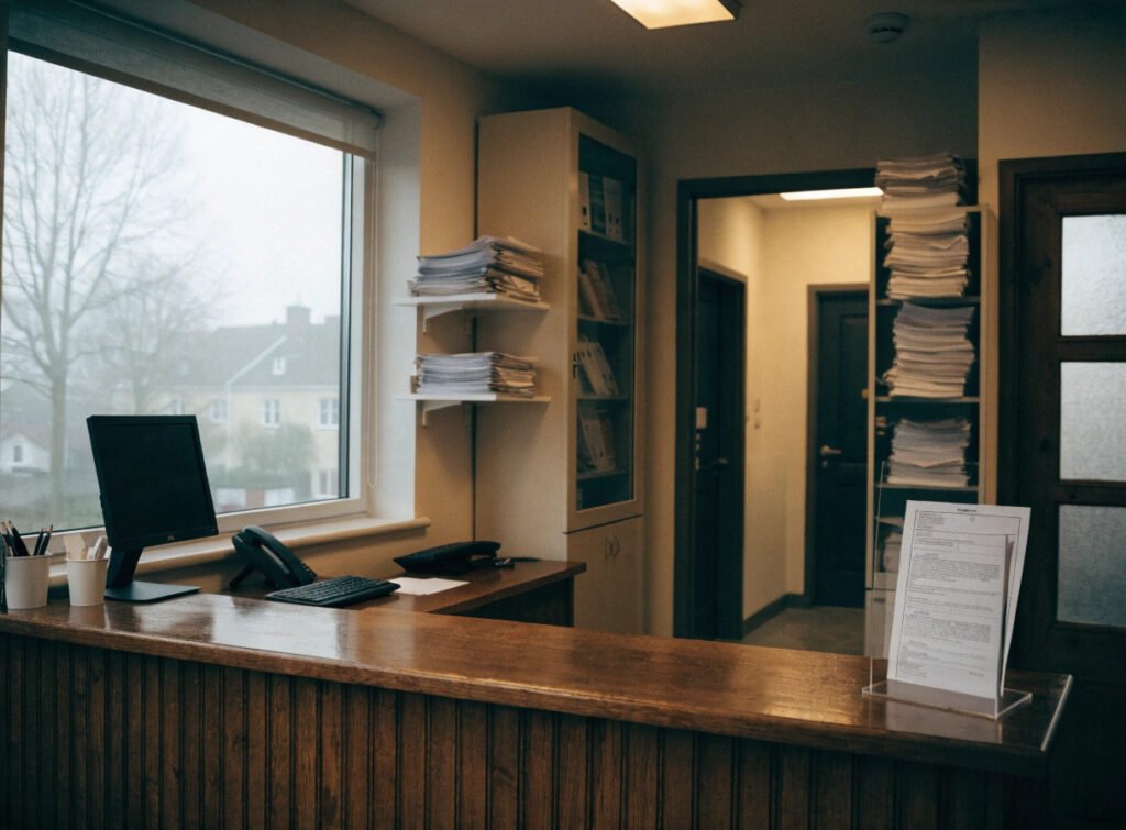 an empty gp surgery reception, representing continuity of practice through a partnership change