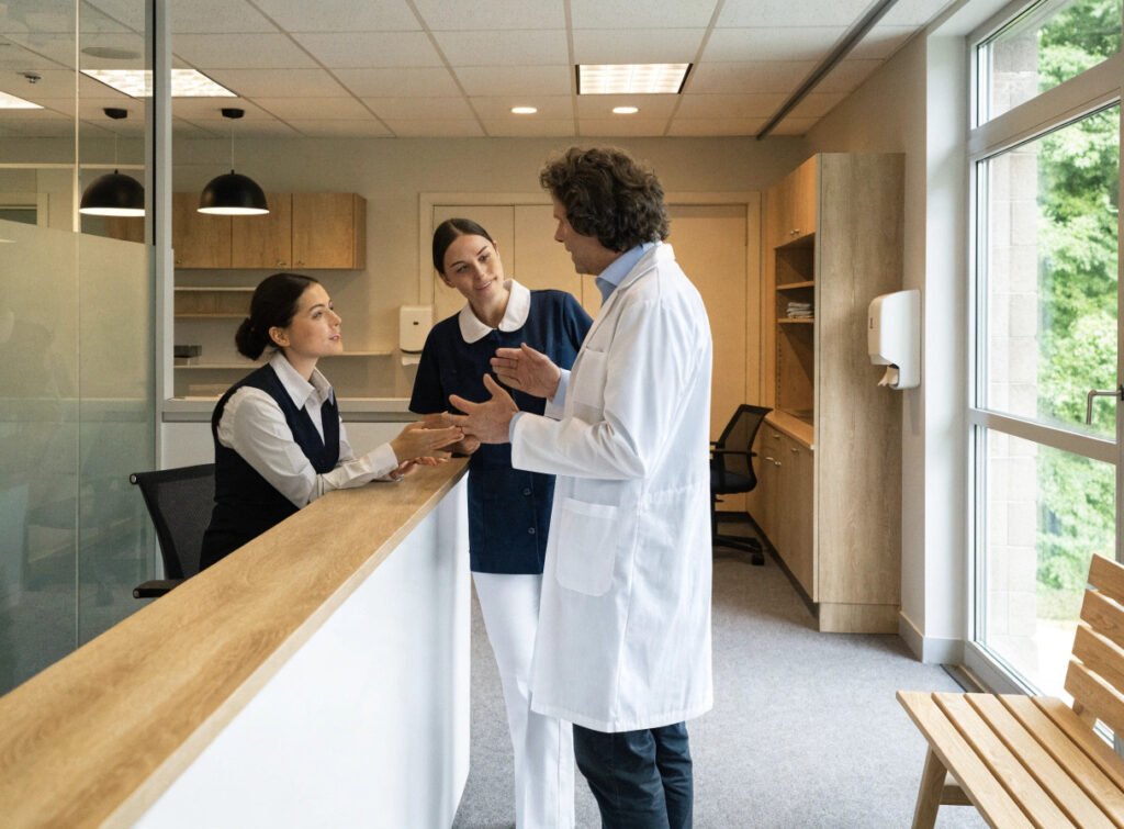 gp and community health staff meeting in a modern neighbourhood health centre
