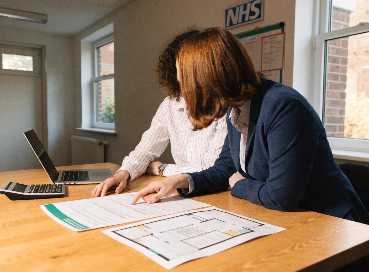 gp partner and practice manager reviewing a disputed nhs property services invoice