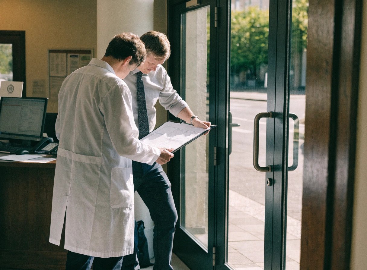 gp partner and surveyor reviewing premises plans inside a gp surgery