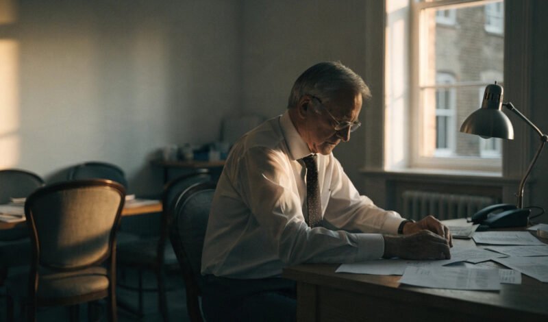 gp partner reviewing practice paperwork alone in a surgery office