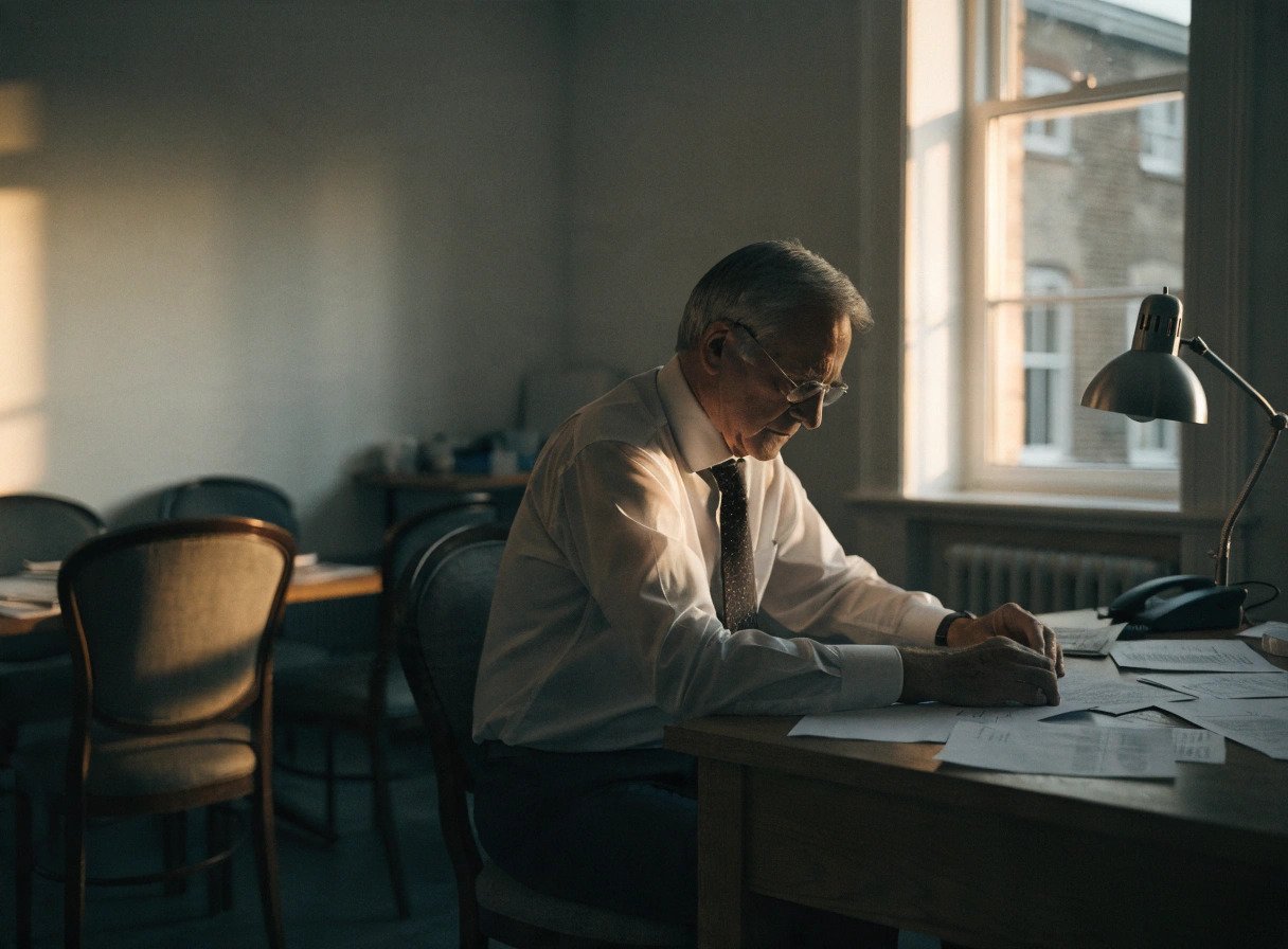 gp partner reviewing practice paperwork alone in a surgery office