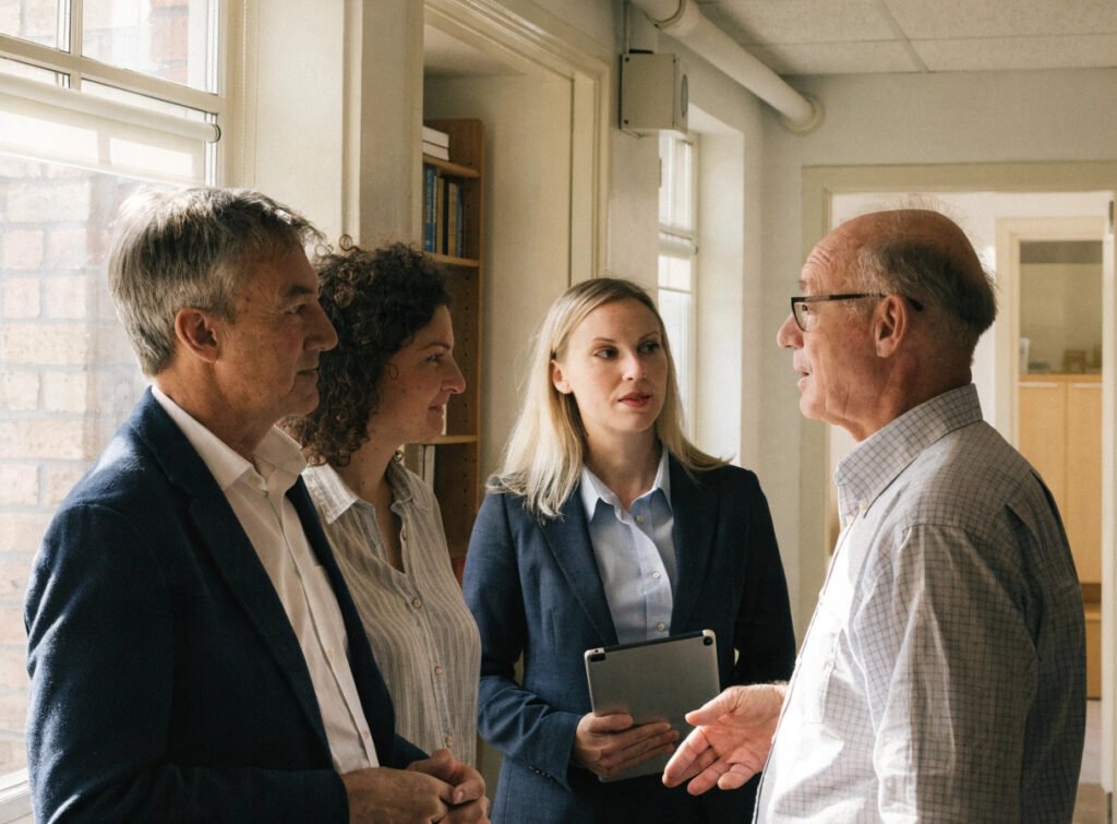gp partners discussing practice matters in a surgery corridor
