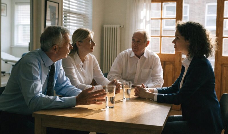 gp partners interviewing a prospective new partner in a surgery meeting room