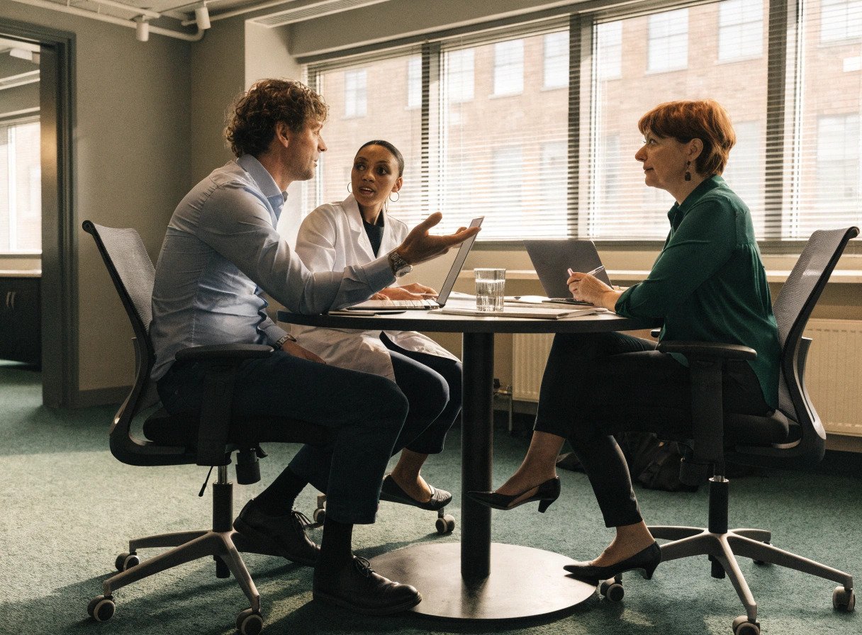 gp, pharmacist and practice manager in a primary care network planning meeting