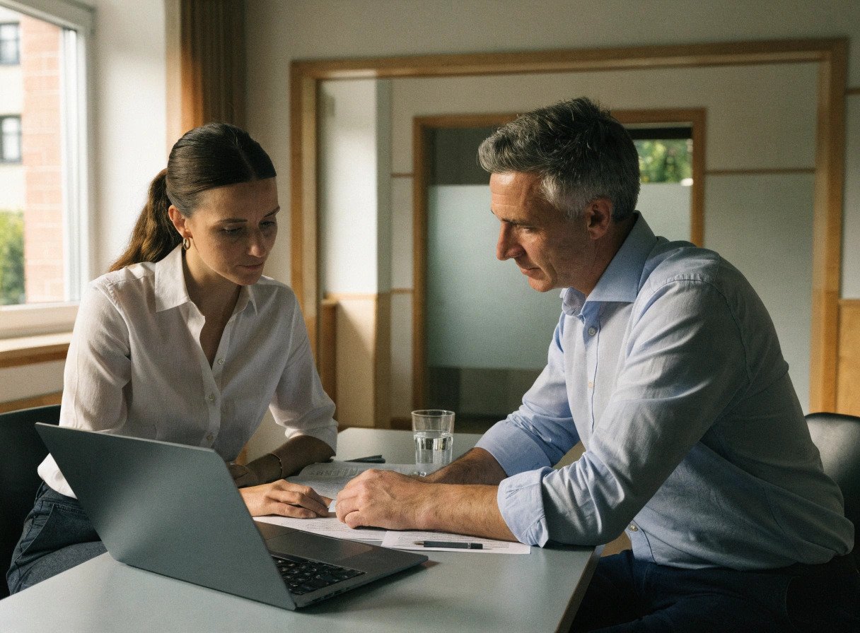 gp practice manager and gp partner reviewing documents together in a modern nhs surgery meeting room