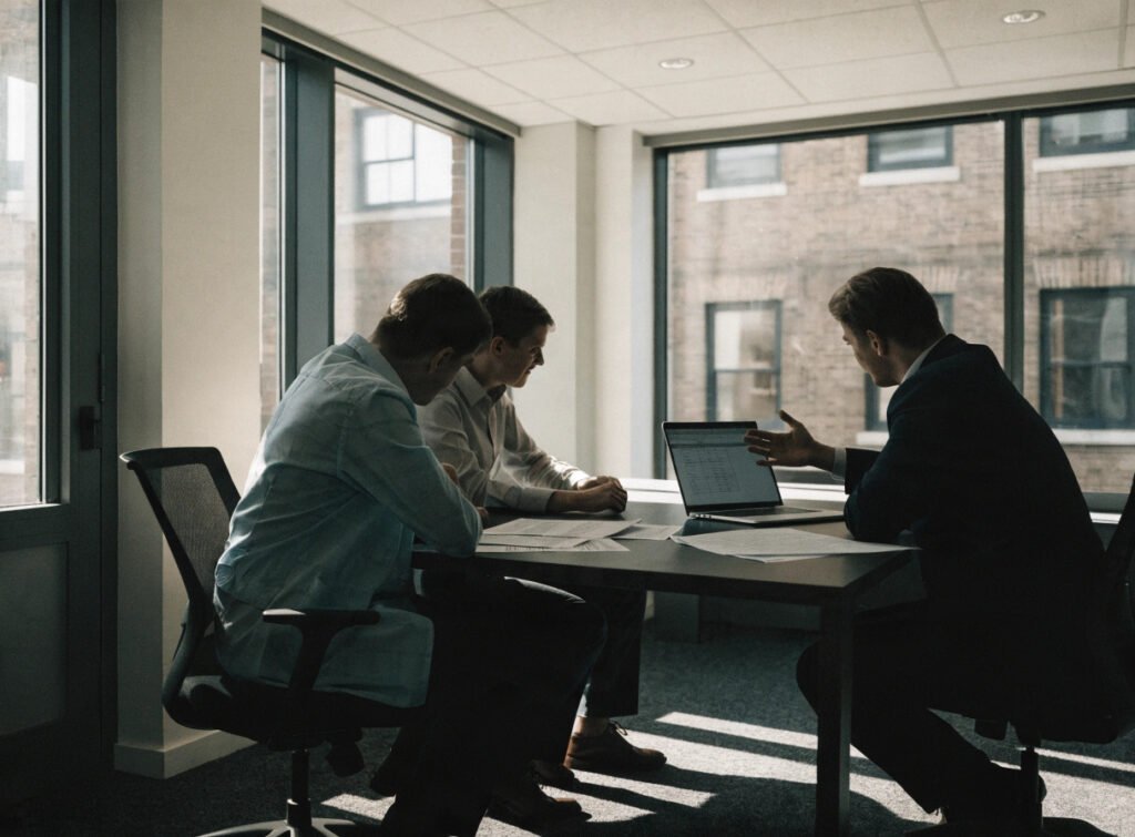 gp, practice manager and solicitor comparing nhs contract terms in a meeting