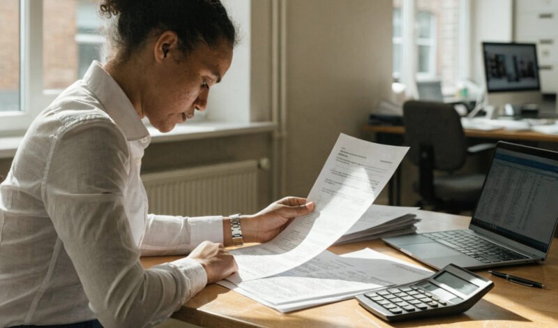 gp practice manager reviewing an nhs overpayment recovery letter at a practice office desk