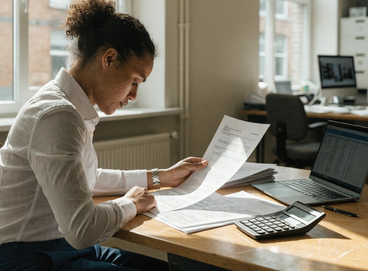 gp practice manager reviewing an nhs overpayment recovery letter at a practice office desk