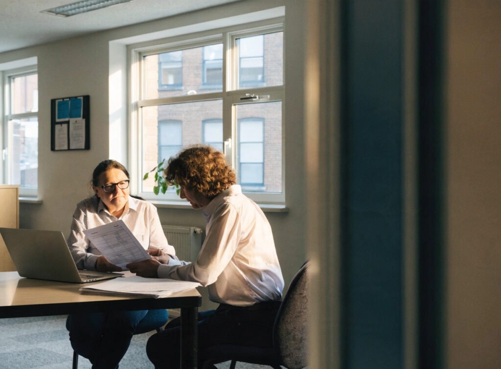 practice manager and solicitor reviewing a gp surgery lease document together