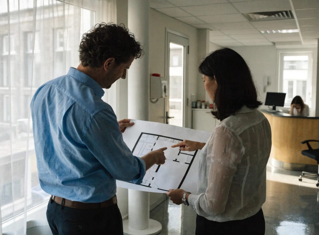 practice manager and surveyor reviewing a premises floor plan ahead of a notional rent assessment