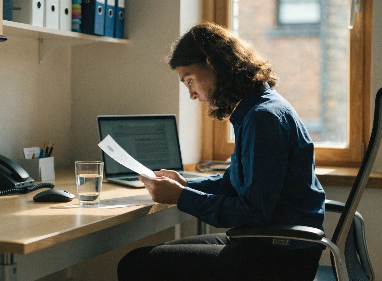 practice manager reviewing a formal notice letter from an nhs commissioner in a gp surgery office