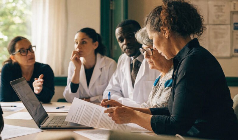 primary care network clinical director and practice managers reviewing governance documents in a meeting room