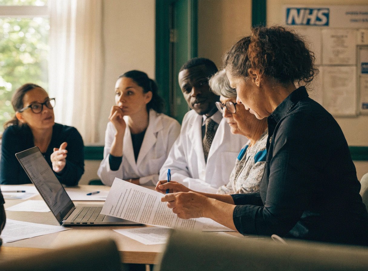 primary care network clinical director and practice managers reviewing governance documents in a meeting room