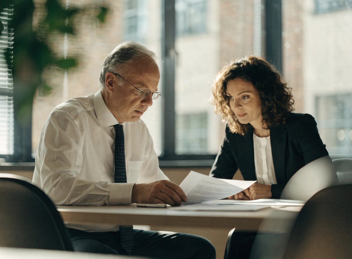 senior gp partner reviewing a partnership deed with a solicitor during a retirement age discussion
