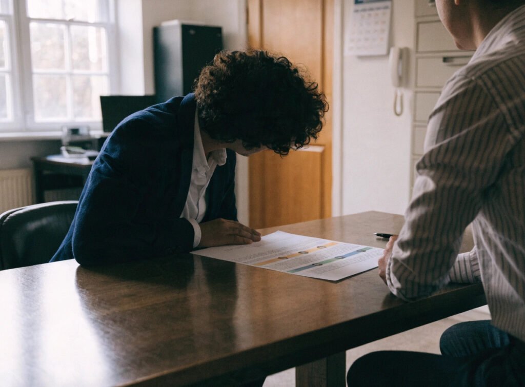 solicitor and practice manager reviewing a compliance timeline following a contract notice