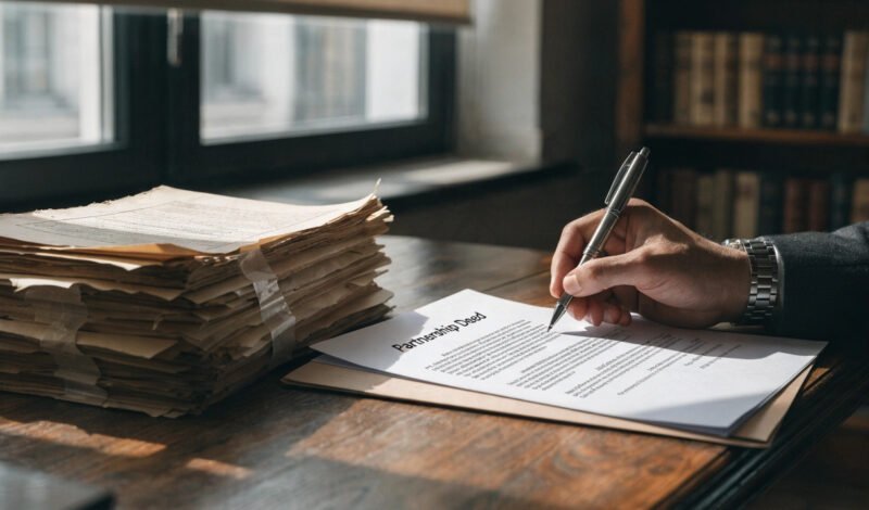 solicitor reviewing an outdated gp partnership deed alongside a proposed updated version