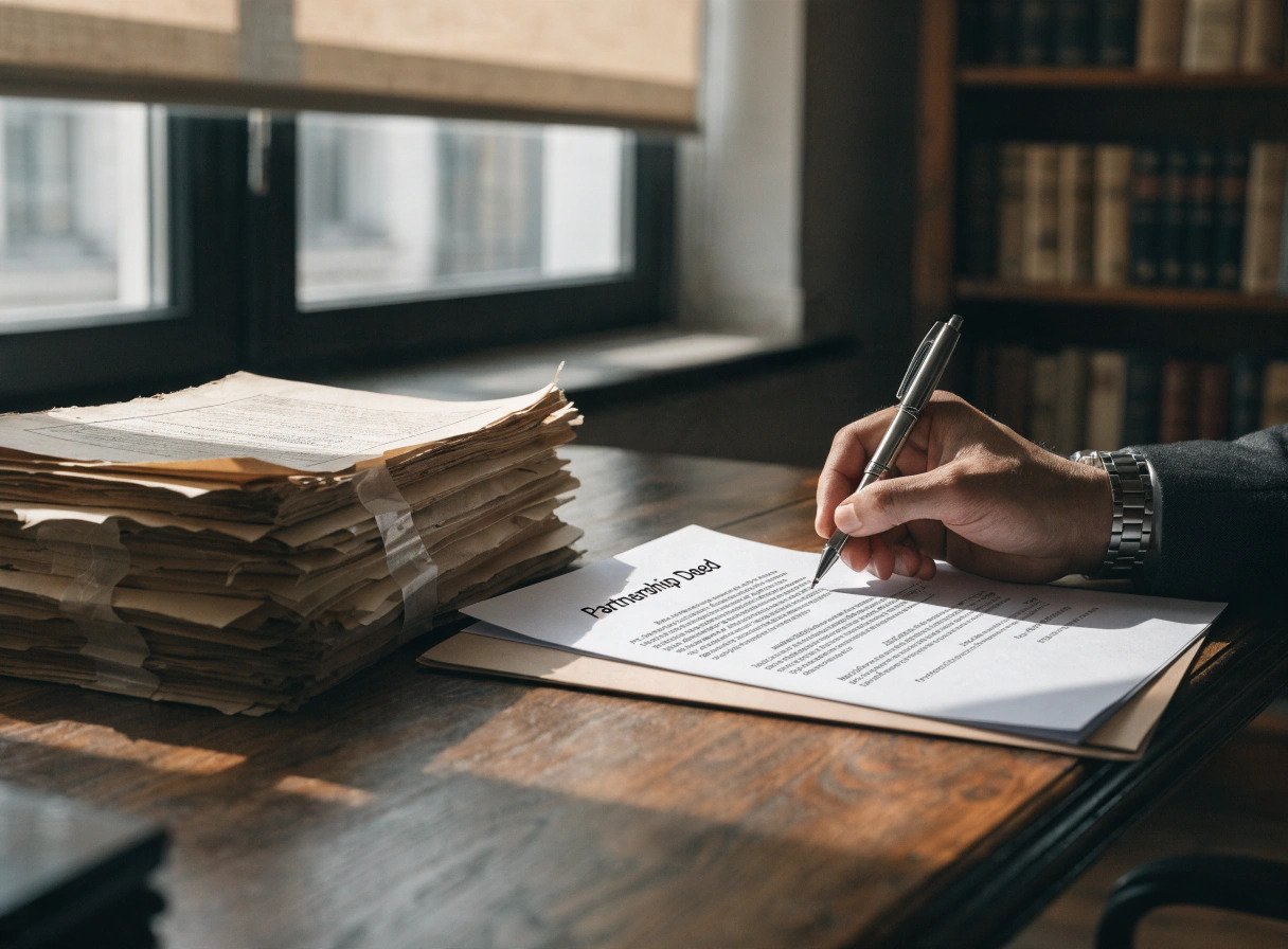 solicitor reviewing an outdated gp partnership deed alongside a proposed updated version