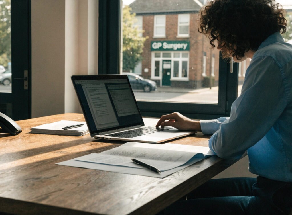 solicitor reviewing lease terms and service charge figures for a gp surgery premises