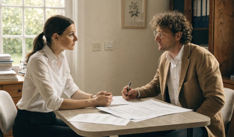 two gp partners discussing a partnership dispute across a desk in a practice office