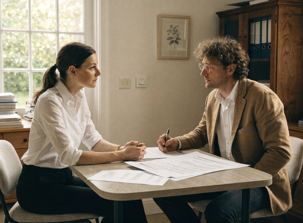 two gp partners discussing a partnership dispute across a desk in a practice office