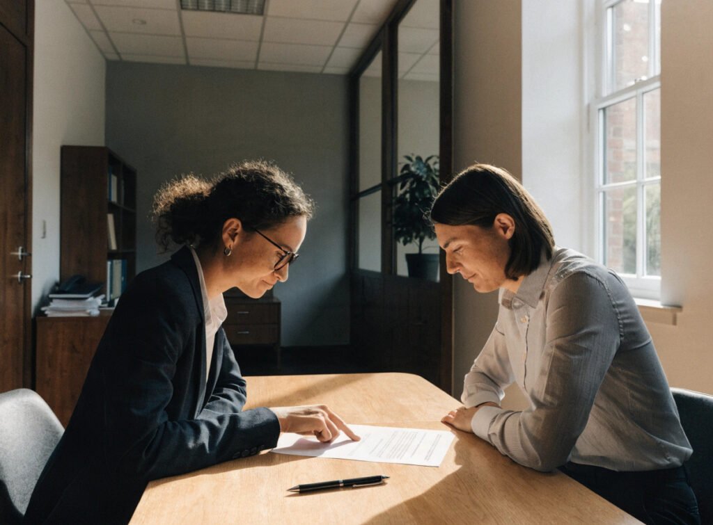 two people reviewing a contract document during a dispute resolution meeting