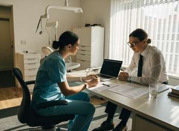 Dentist and adviser reviewing NHS pension paperwork for 24-hour retirement