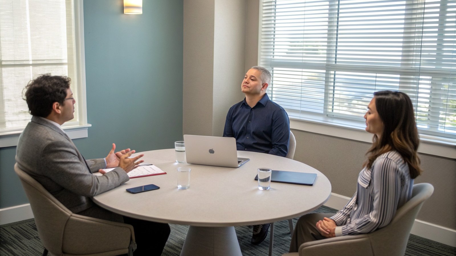 A business mediation meeting between two parties in a commercial dispute, facilitated by a neutral mediator