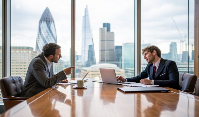 Two business owners in a London boardroom discussing a commercial dispute with their solicitor