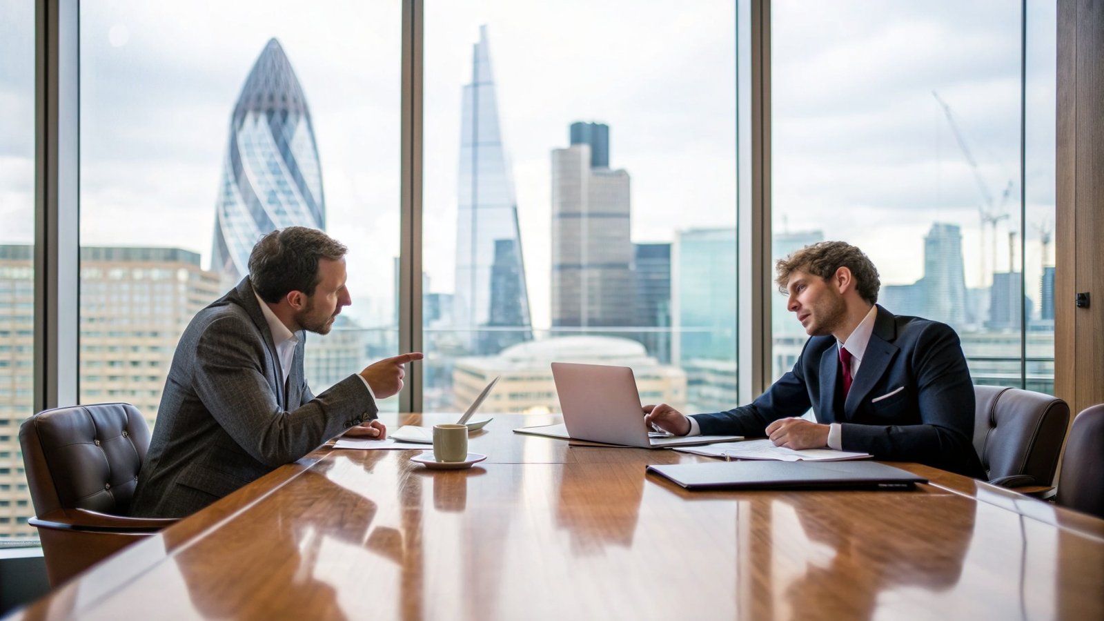 Two business owners in a London boardroom discussing a commercial dispute with their solicitor