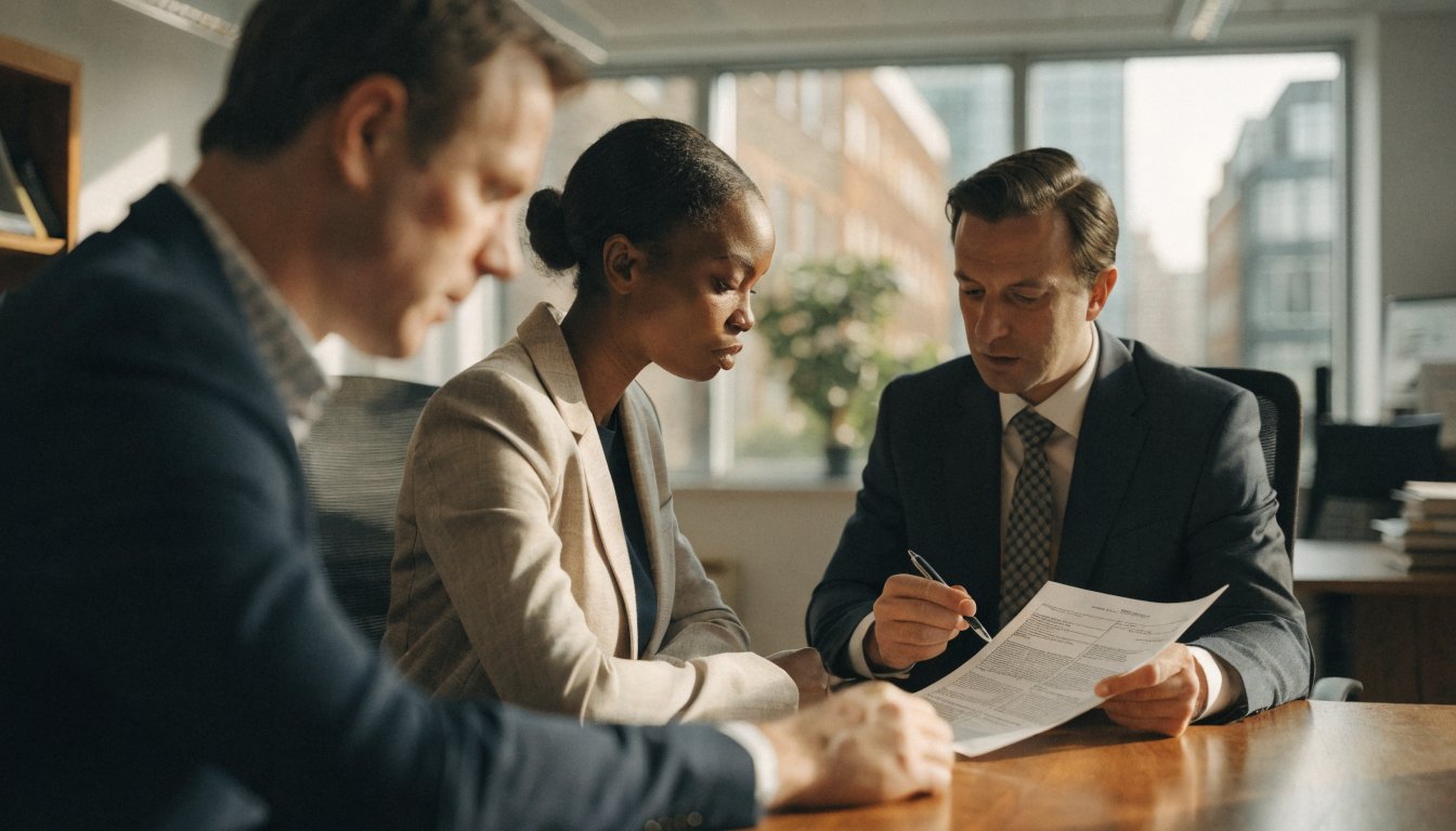 Solicitor reviewing a commercial lease agreement with a landlord and tenant in a London office