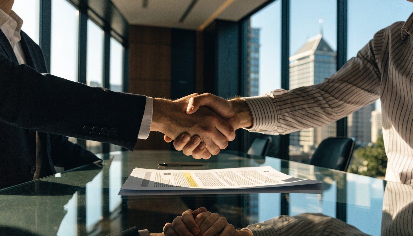 Business owner and solicitor shaking hands over a commercial property contract in a London boardroom