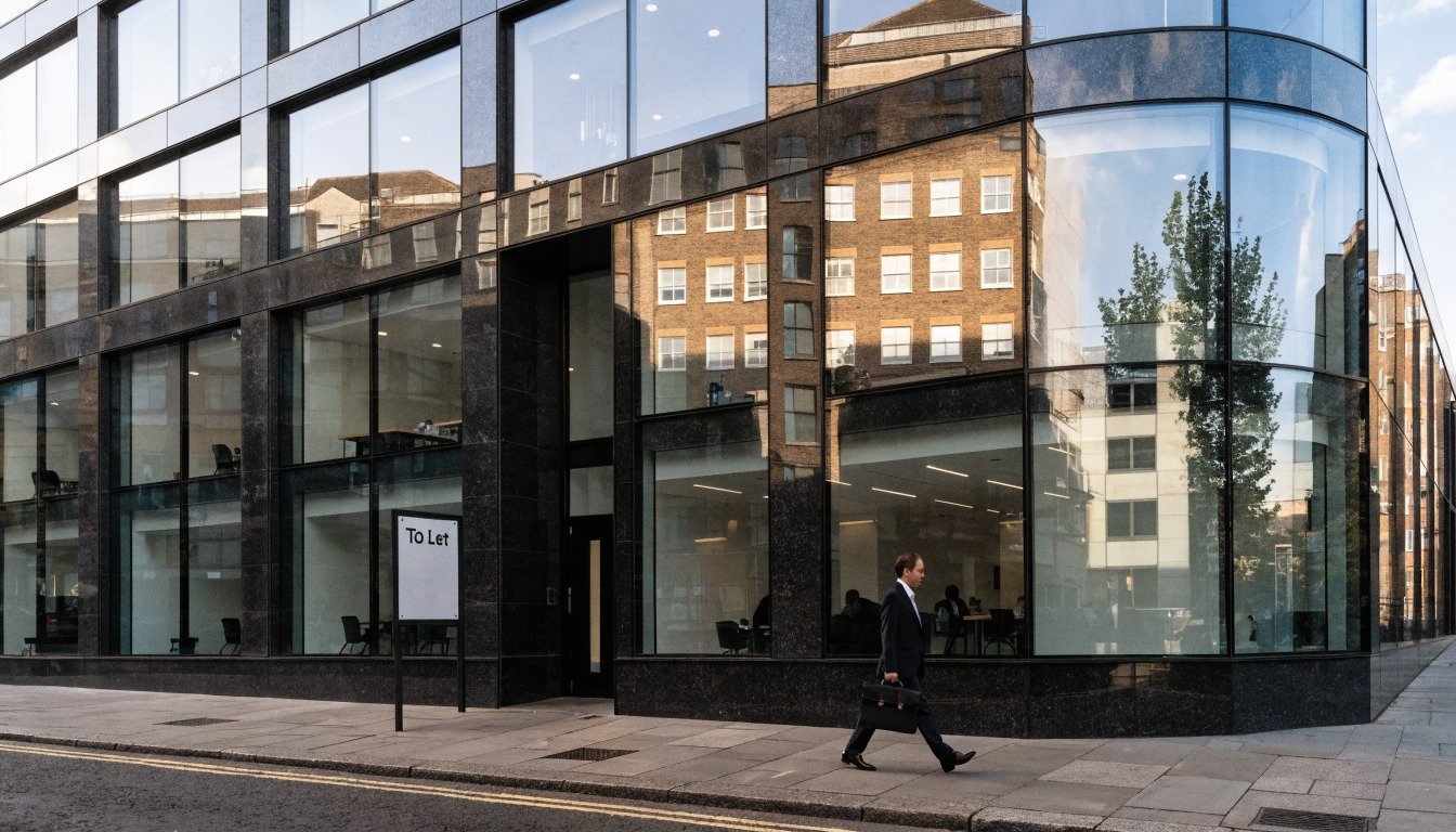 Modern London commercial office building with a To Let board, representing commercial property solicitors advising on acquisitions and lettings