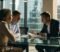 Solicitor consulting with two business owners over a contract in a London corporate law firm boardroom