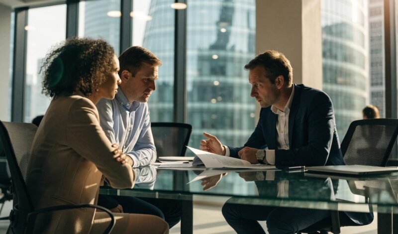 Solicitor consulting with two business owners over a contract in a London corporate law firm boardroom