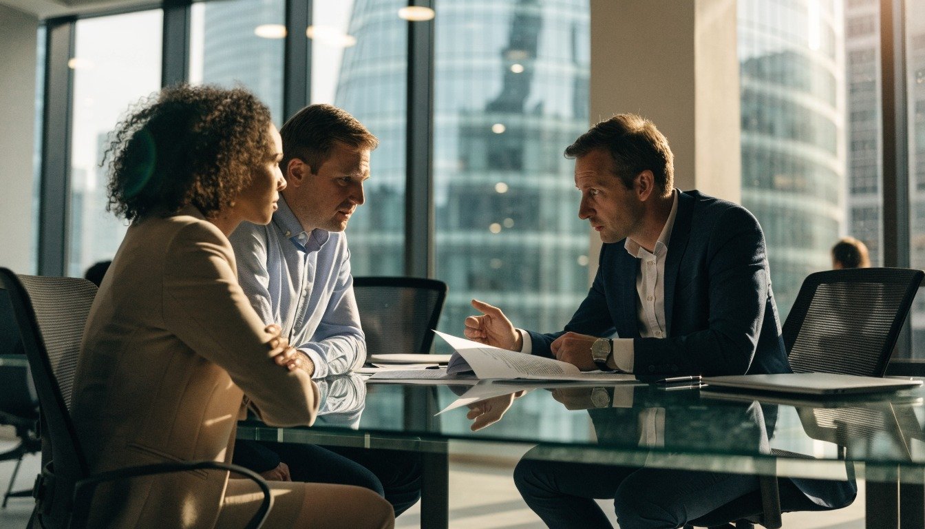 Solicitor consulting with two business owners over a contract in a London corporate law firm boardroom
