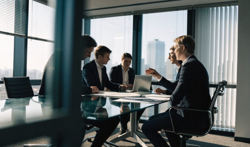 Business team meeting in a London boardroom discussing corporate legal services and contracts