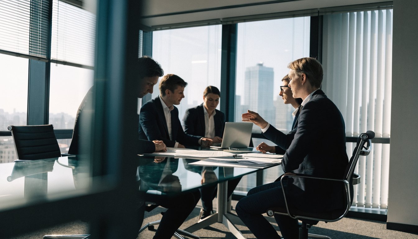 Business team meeting in a London boardroom discussing corporate legal services and contracts