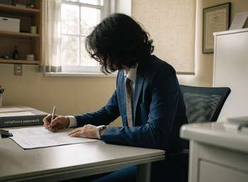 Dental practice director reviewing nominated individual responsibilities and compliance paperwork