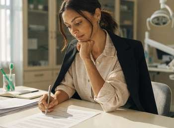 A dental associate reviewing the terms of an associate agreement before signing