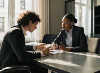 A solicitor and dental associate reviewing a restrictive covenant clause in a contract meeting