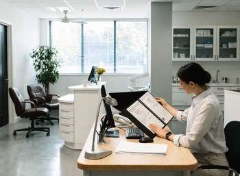 A dental practice owner reviewing GDC registration documentation for practice partners