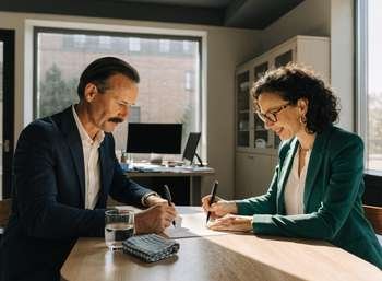 Two dental practice partners reviewing a partnership agreement document together in a practice office