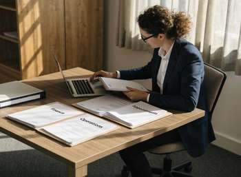 Dental practice owner reviewing regulatory compliance documents at a desk