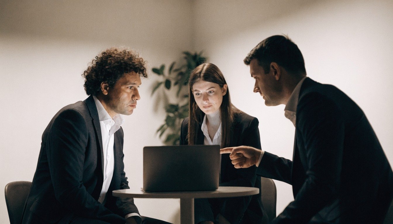 Three colleagues at an SME reviewing a data protection compliance issue together on a laptop